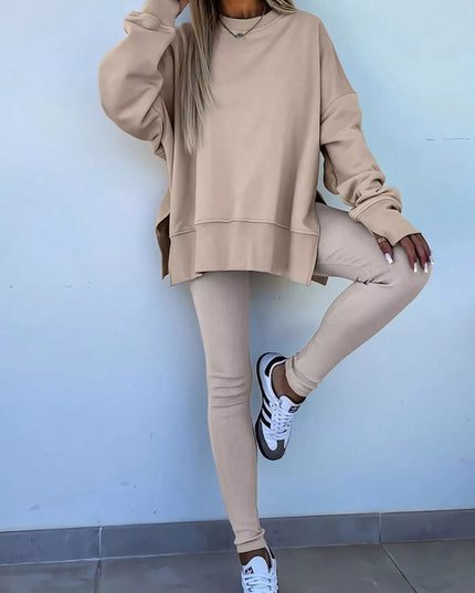 Solid Color Oversize Slit Sweatshirt and Ribbed Leggings 2pcs Set Eggshell