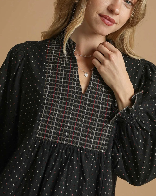 Umgee Polka Dot Plaid Trim Babydoll Dress