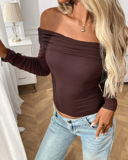Off-Shoulder Long Sleeve Fitted T-Shirt