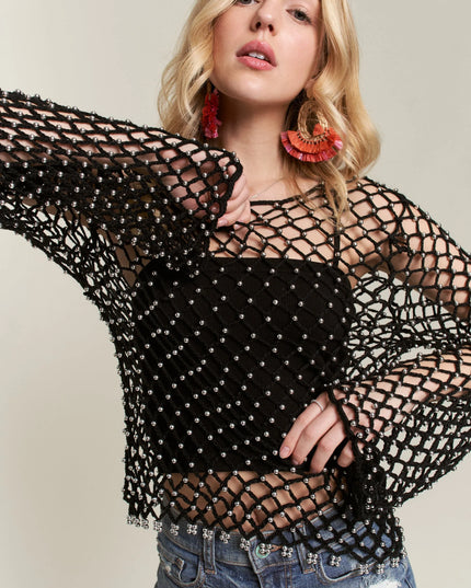ADORA Beads Accent Crochet Top BLACK