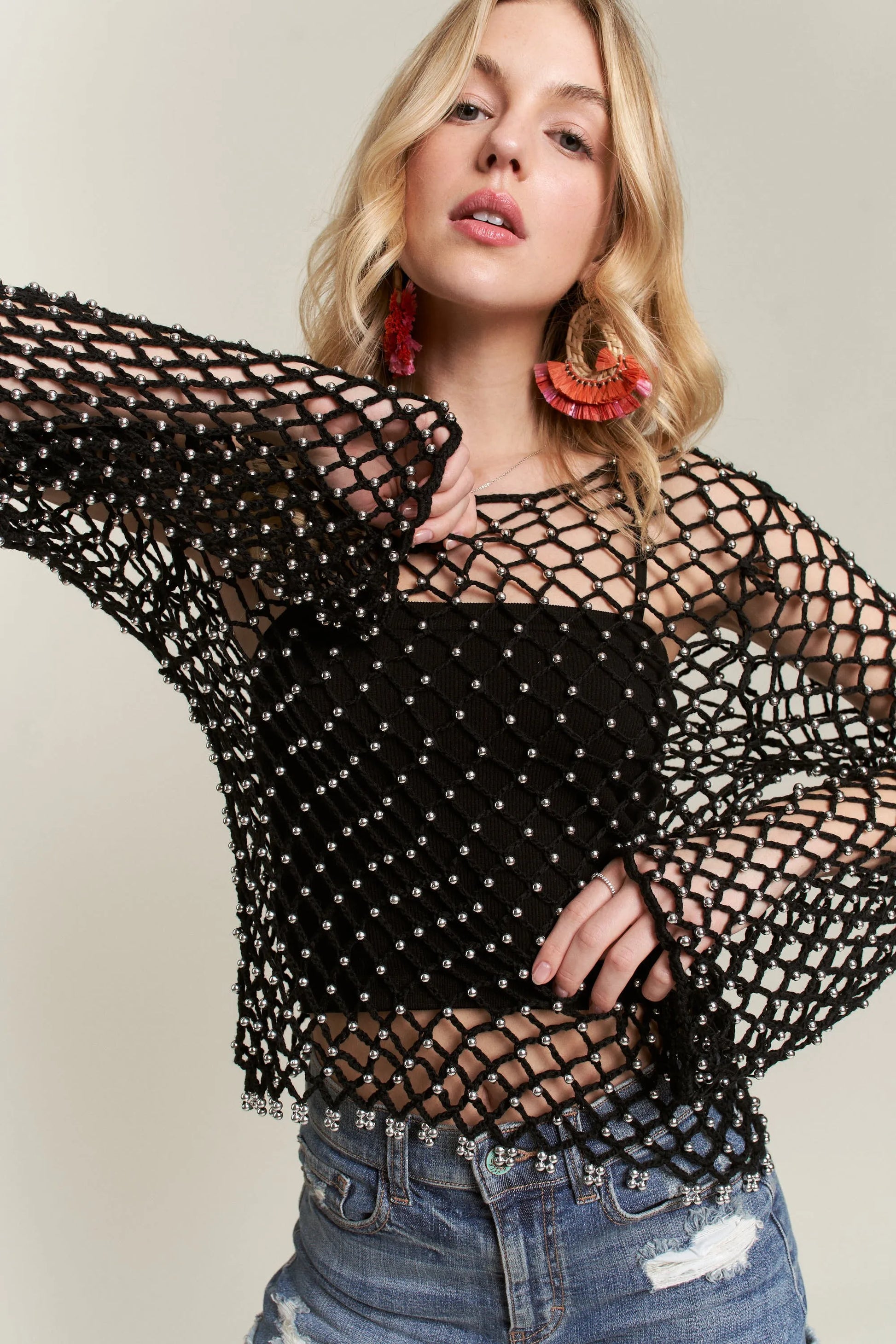 ADORA Beads Accent Crochet Top BLACK