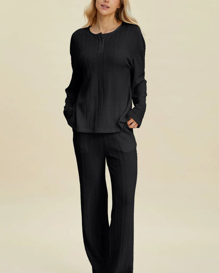 Double Take Full Size Cable-Knit Long Sleeve Top and Pants Set Black