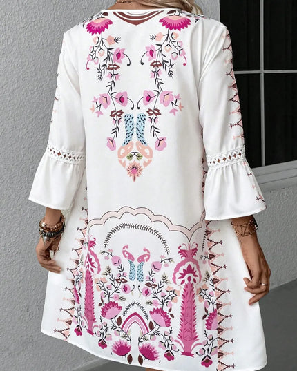 Lace Detail Printed Three-Quarter Sleeve Dress