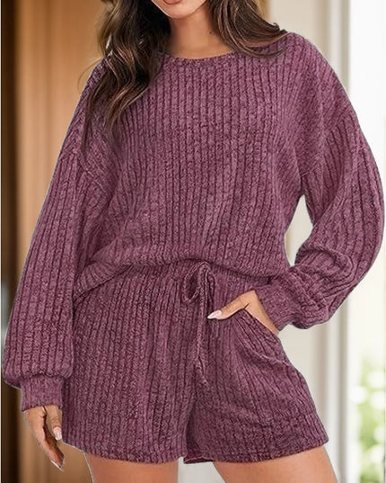 Round Neck Dropped Shoulder Top and Shorts Set Deep Purple