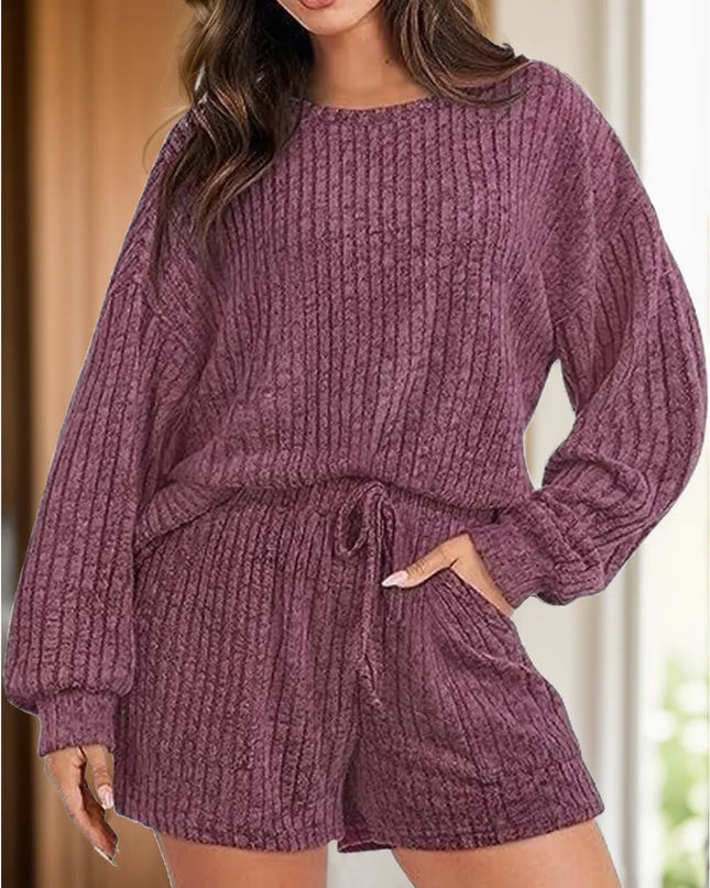 Round Neck Dropped Shoulder Top and Shorts Set Deep Purple