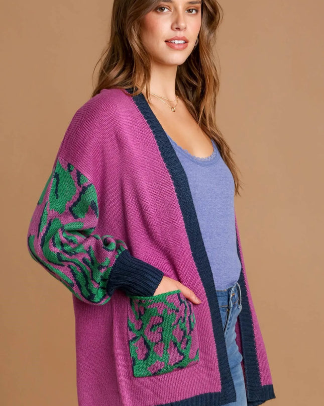 Umgee Animal Print Open Front Sweater Cardigan