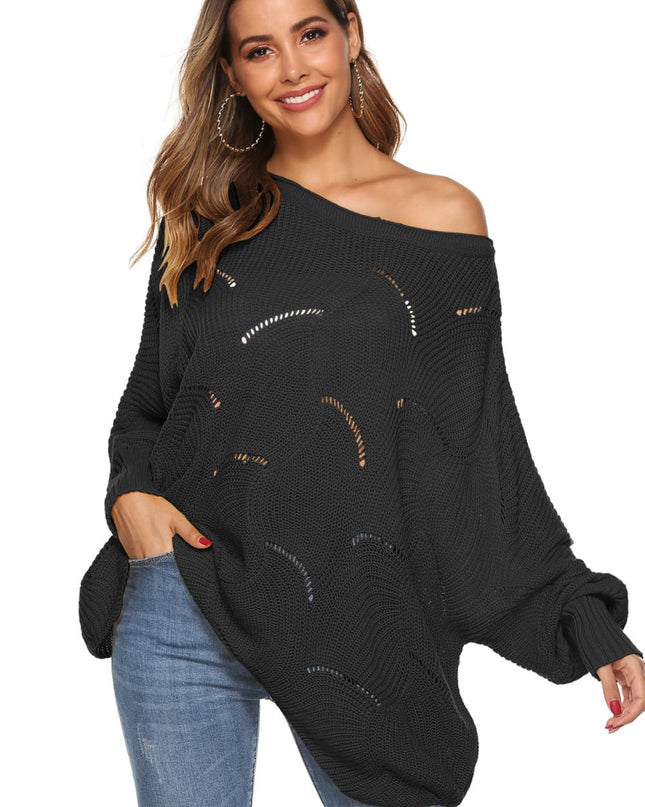 Round Neck Long Sleeve Openwork Sweater Black