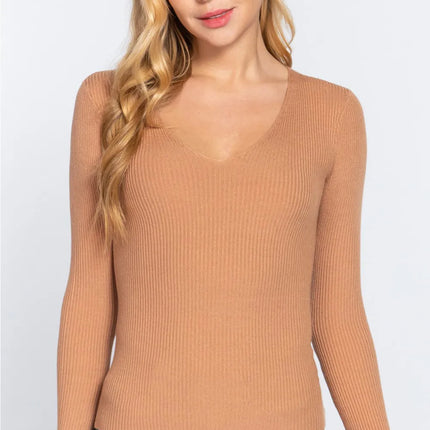 ACTIVE BASIC V-Neck Fitted Viscose Rib Knit Top Khaki