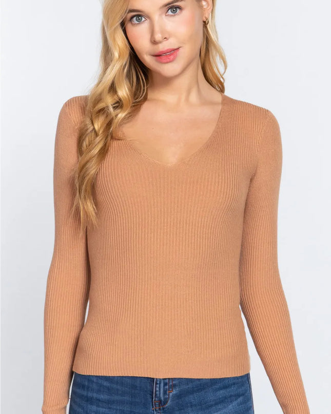 ACTIVE BASIC V-Neck Fitted Viscose Rib Knit Top Khaki