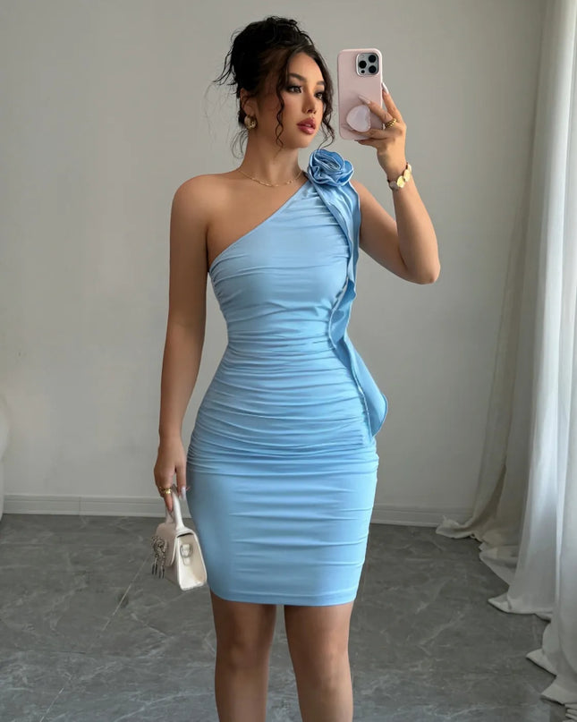 Flower Single Shoulder Mini Dress