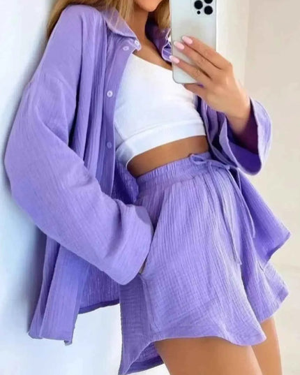Texture Button Up Shirt and Shorts Set