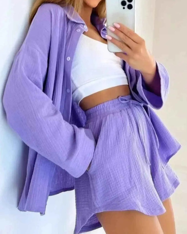 Texture Button Up Shirt and Shorts Set