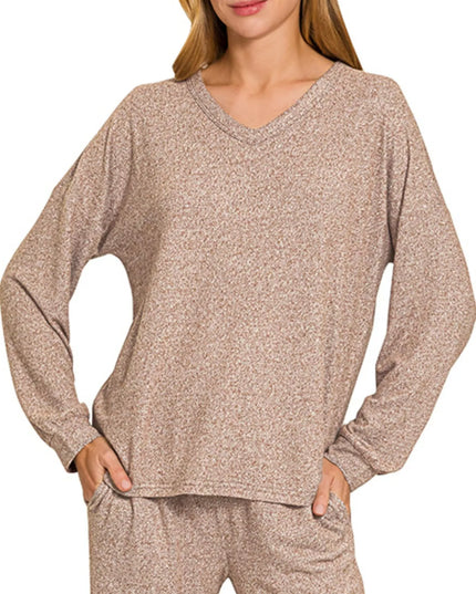 Zenana Soft Melange Long Sleeve Tee & Pants Set BROWN