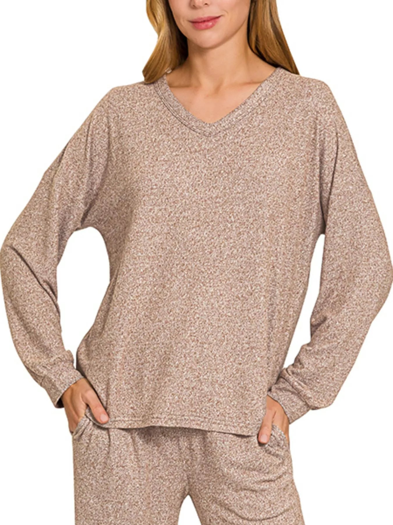 Zenana Soft Melange Long Sleeve Tee & Pants Set BROWN