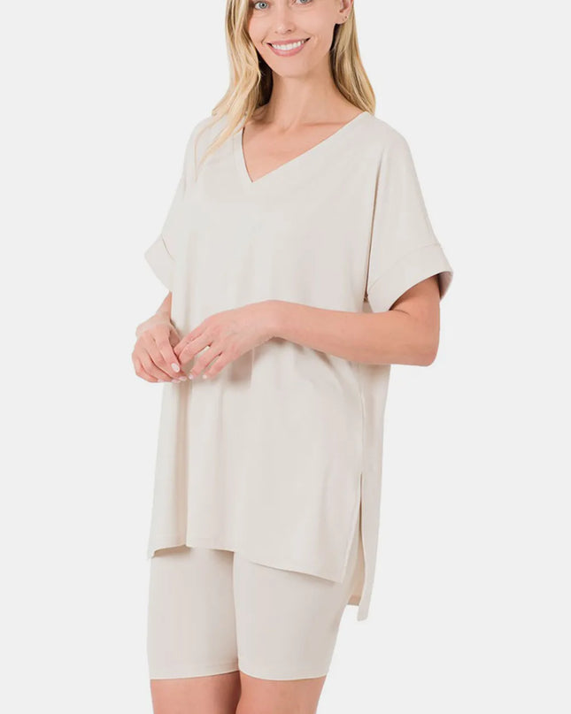 Zenana Full Size V-Neck Short Sleeve Slit T-Shirt and Shorts Set Bone