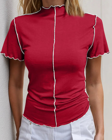Basic Bae Contrast Trim Mock Neck Short Sleeve T-Shirt Scarlet