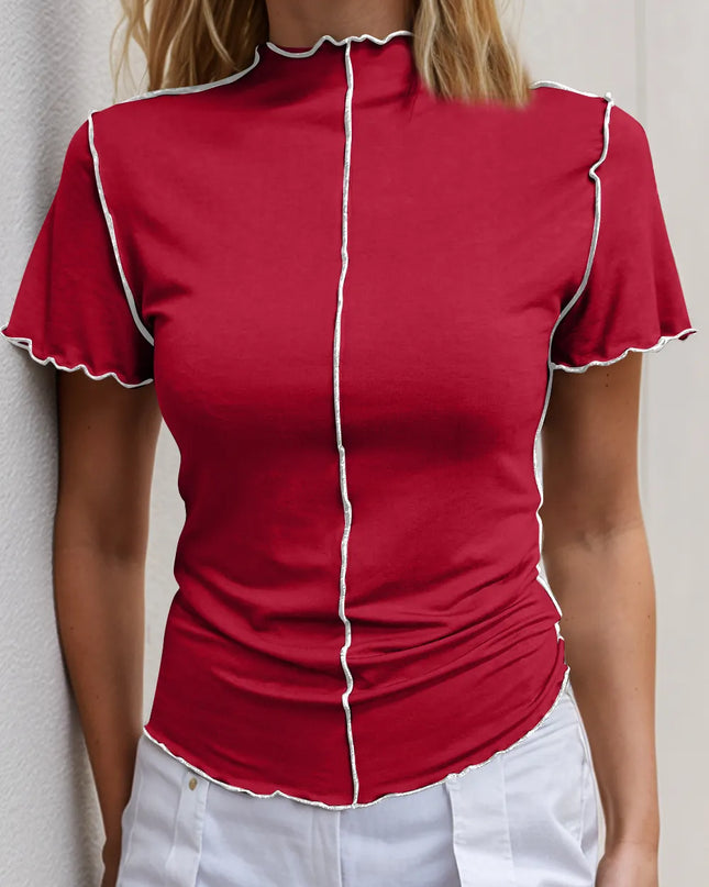 Basic Bae Contrast Trim Mock Neck Short Sleeve T-Shirt Scarlet