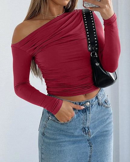 Ruffled Single Shoulder T-Shirt Burgundy