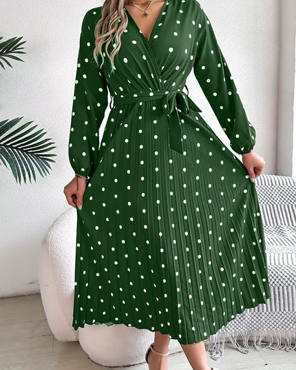 Front Tie Polka Dot Midi Pleated Dress