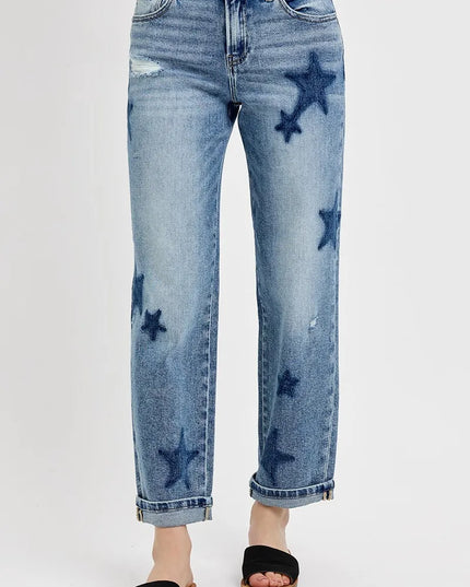 RISEN Full Size Mid Rise Boyfriend Star Shadow Detail Cuffed Jeans Plus Size MEDIUM
