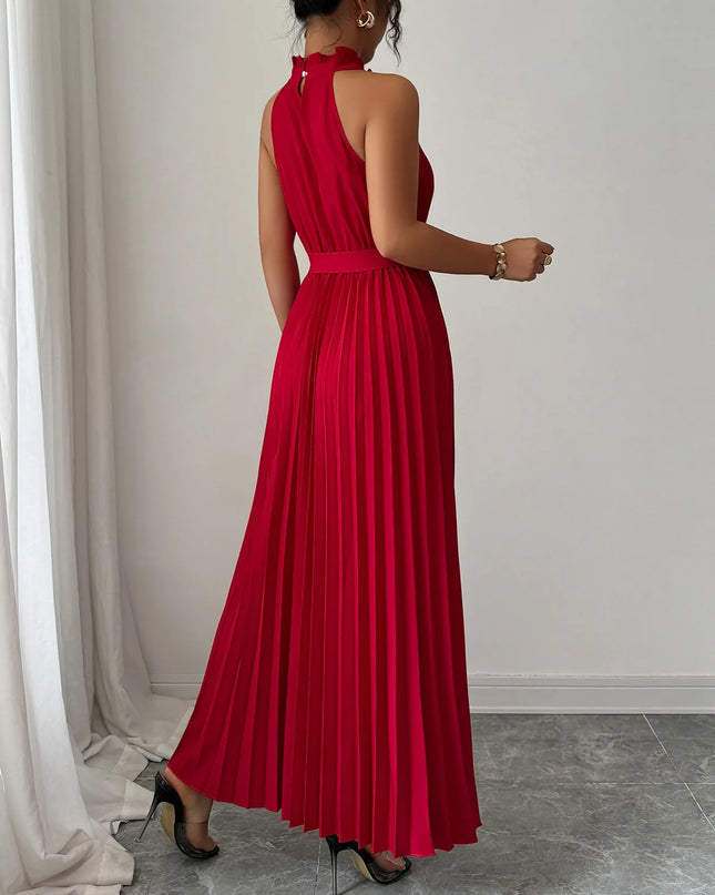 Pleated Halter Neck Tie Waist Maxi Dress