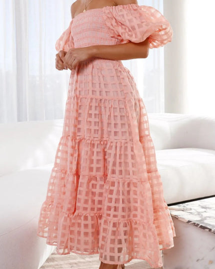 Off Shoulder Short Puff Sleeve Midi Dress