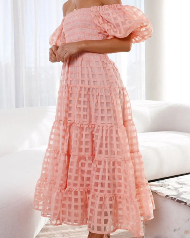 Off Shoulder Short Puff Sleeve Midi Dress