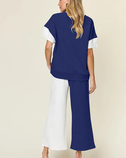 Double Take Full Size Texture Contrast T-Shirt and Wide Leg Pants Set