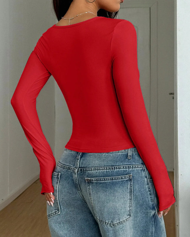 Square Neck Long Sleeve Fitted T-Shirt
