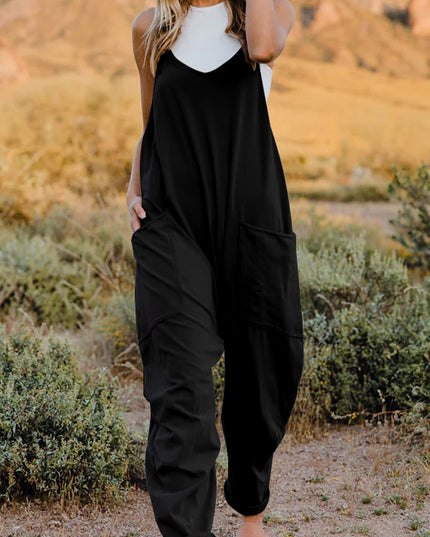 Double Take Full Size V-Neck Sleeveless Jumpsuit with Pockets Black