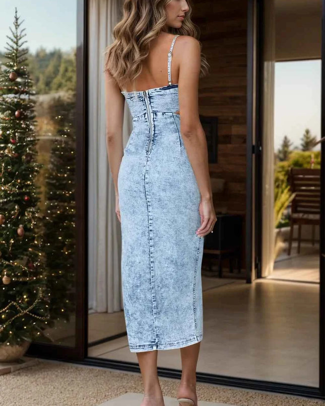 Cutout Slit Spaghetti Strap Denim Dress