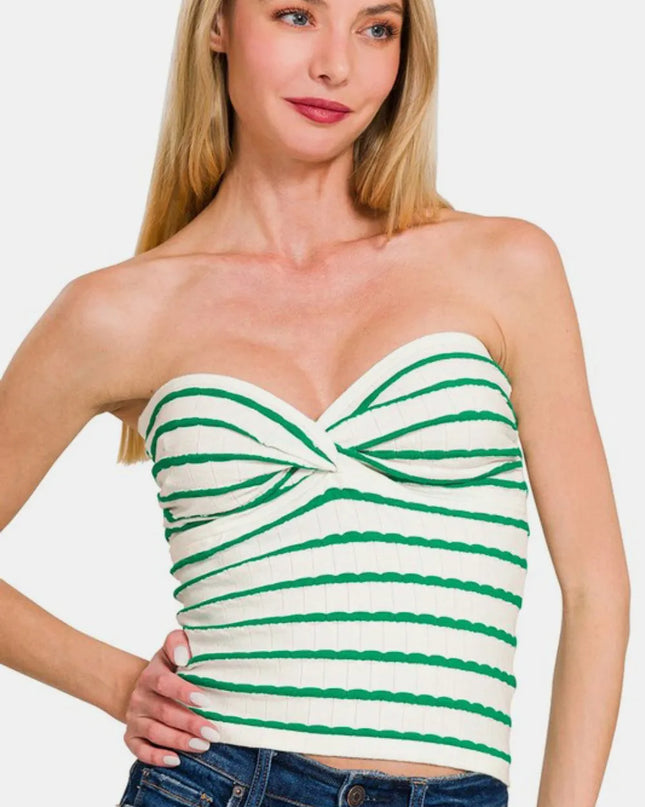 Zenana Twisted Sweetheart Neck Striped Tube Top Green