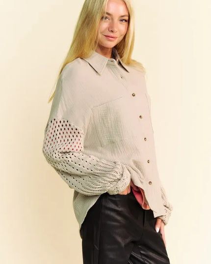 Davi & Dani Crochet Sleeve Crinkled Texture Shirt