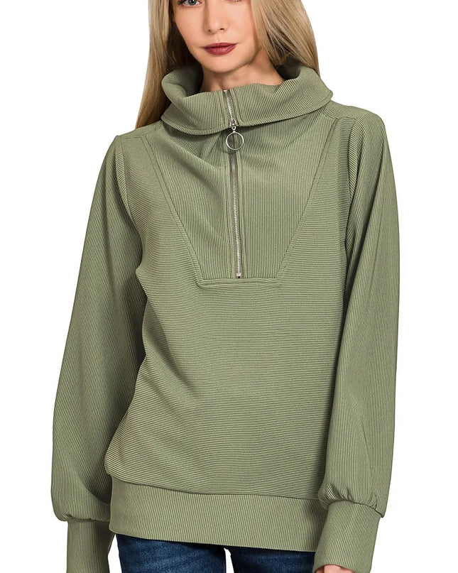 Zenana Ribbed High Neck Half Zip Pullover & Pants Set