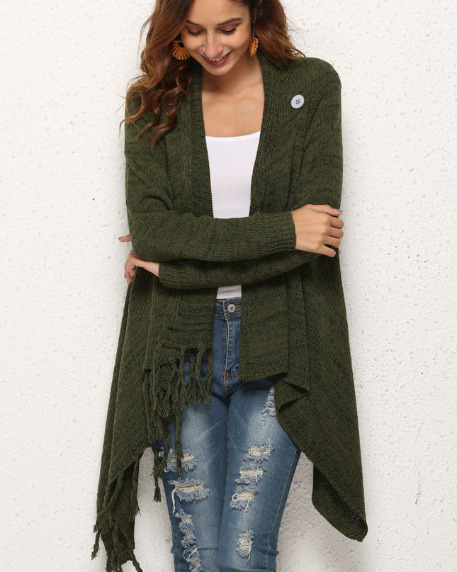 Angel Wings One-Button Tassel Tie Asymmetrical Hem Cardigan