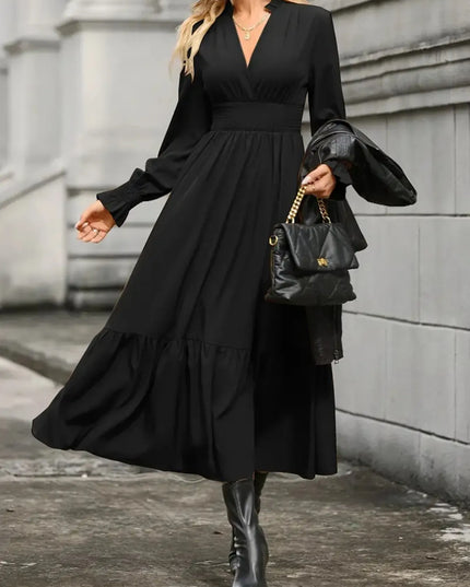 Notched Long Sleeve Tiered Dress