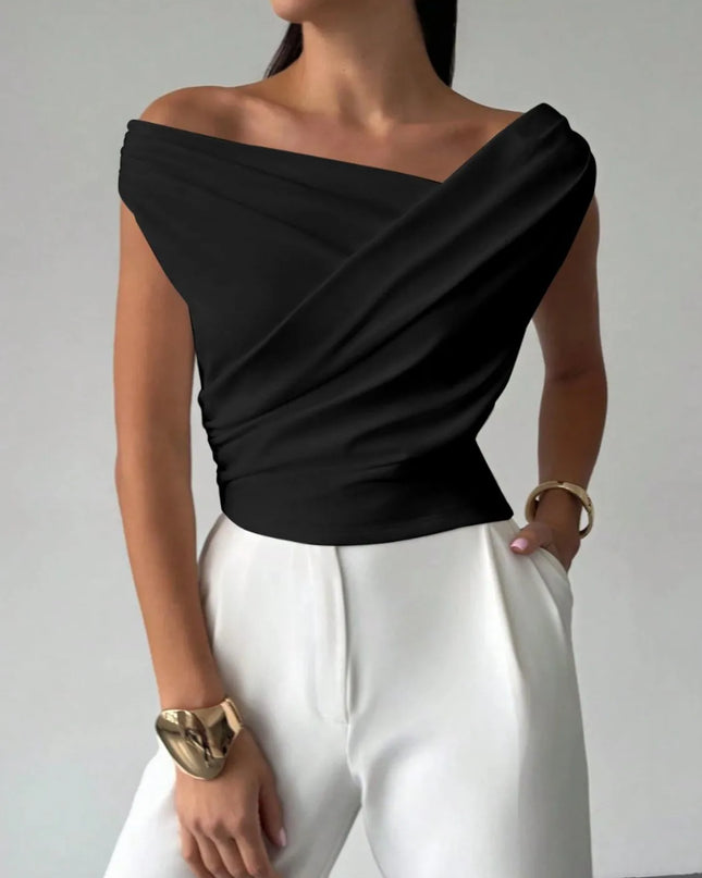 Asymmetrical Ruched Short Sleeve Top Black