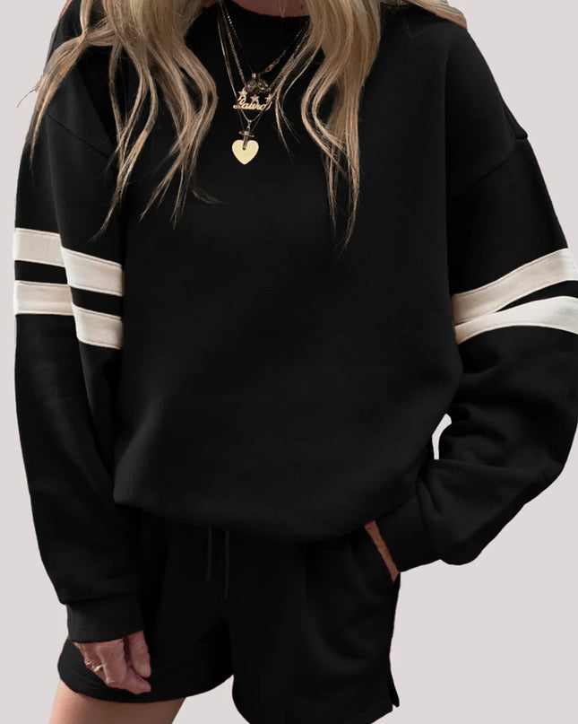 Stripe Round Neck Sweatshirt and Shorts Set Black