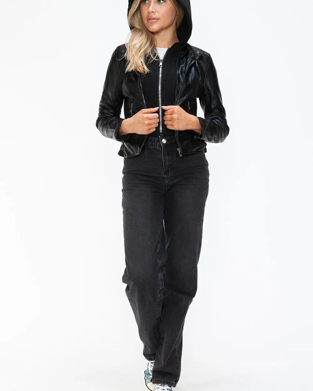 Snobbish Faux Leather Zip Up Drawstring Hooded Jacket