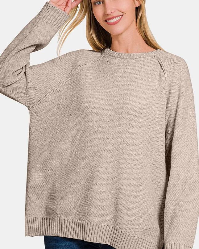 Zenana Side Slit Raglan Sleeve Sweater