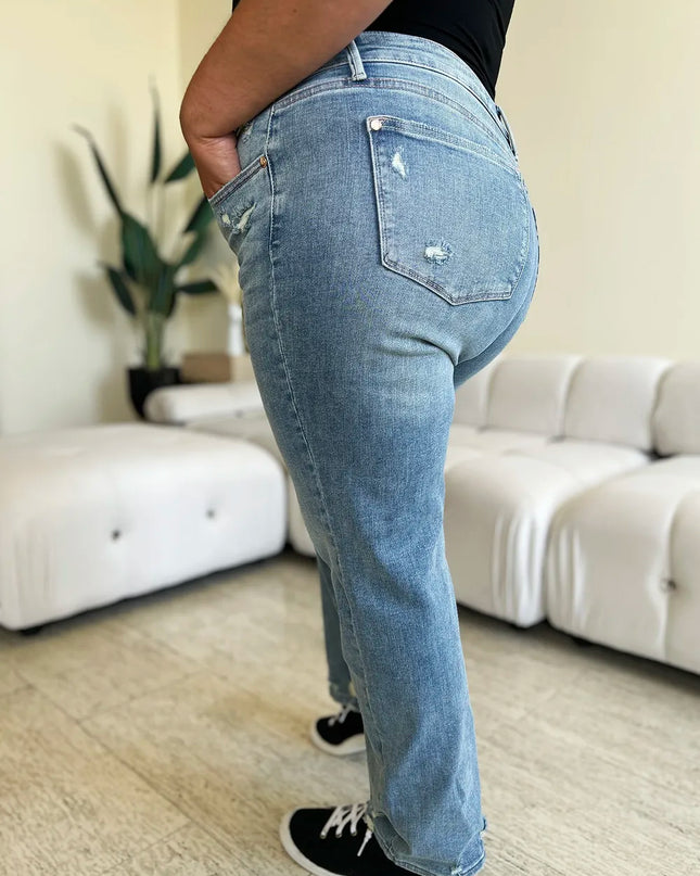 Judy Blue Full Size Mid Rise Distressed Straight Jeans