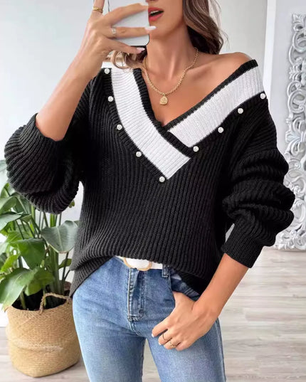 V-Neck Button-Decorated Sweater Black
