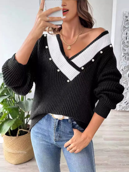 V-Neck Button-Decorated Sweater Black