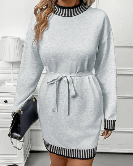 Striped Trim Tie Waist Sweater Dress