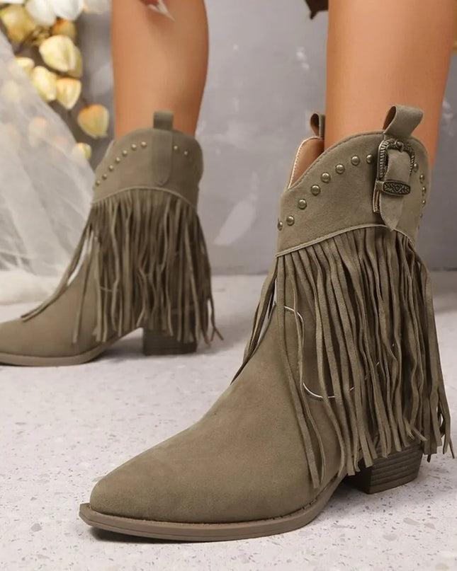 Fringe Point Toe Block Heels Boots