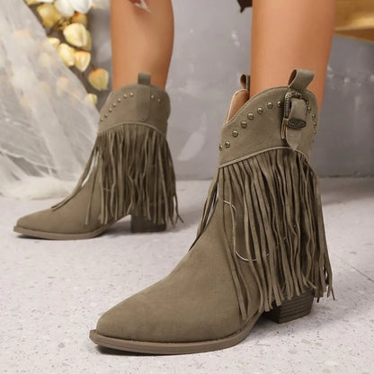 Fringe Point Toe Block Heels Boots