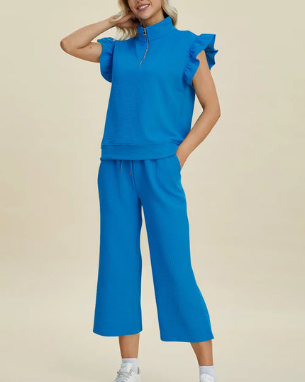Double Take Full Size Texture Ruffle Short Sleeve Top and Wide Leg Pants Set