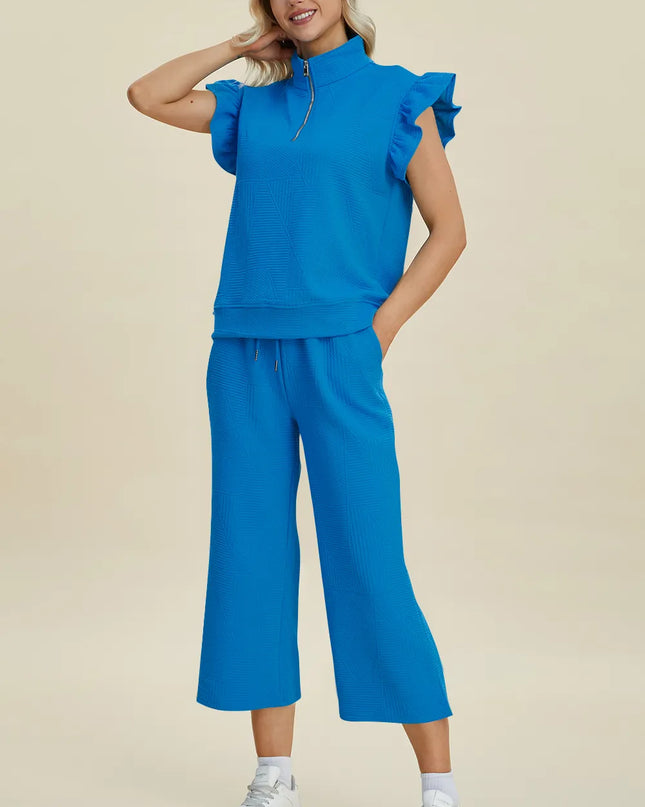 Double Take Full Size Texture Ruffle Short Sleeve Top and Wide Leg Pants Set