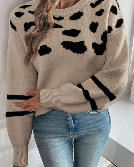 Leopard Round Neck Dropped Shoulder Sweater Mocha
