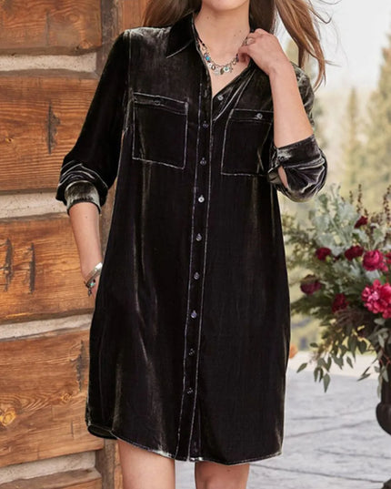 High-Low Button Up Long Sleeve Knee Length Dress Black